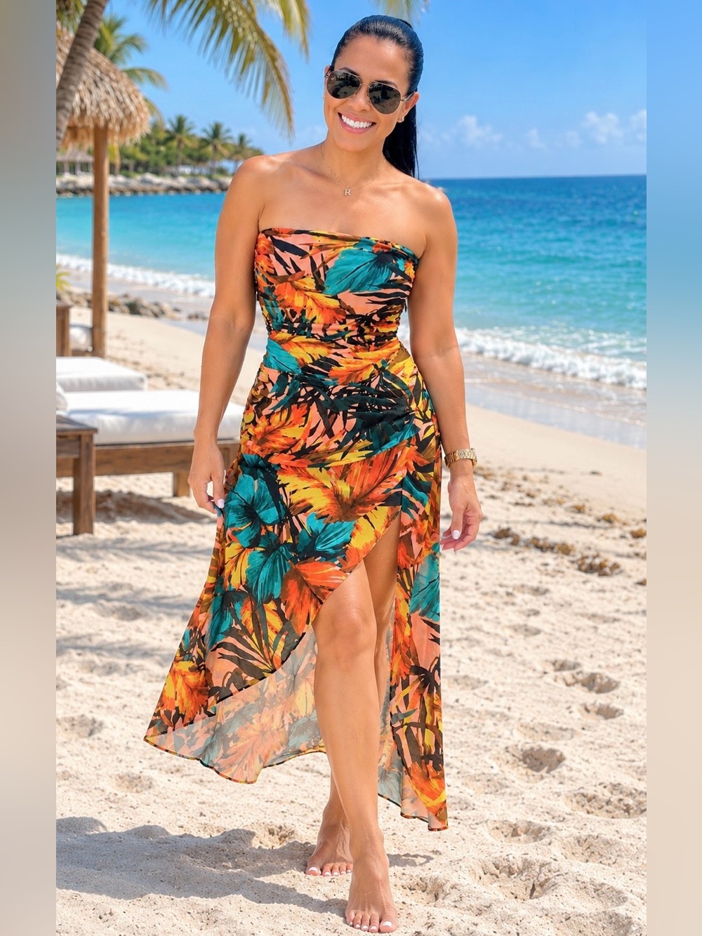 Strapless Tropical Print Maxi Swim Cover-Up Dress in Orange & Teal